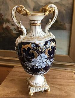 Antique TURN TEPLITZ Bohemia RSTK AUSTRIA Porcelain URN VASE Moriage Cobalt BLUE