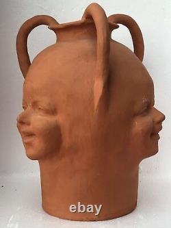 Antique Unique Hand Made art nouveau Pottery Terra Cotta Vase 3 Angels Faces