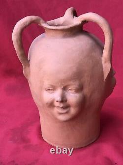 Antique Unique Hand Made art nouveau Pottery Terra Cotta Vase 3 Angels Faces