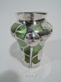 Antique Vase Art Nouveau Austrian Iridescent Green Glass & Silver Overlay
