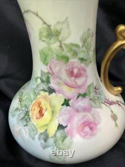 Antique Vienna Austria Coffee / Tea Pot Pitcher, Hand Painted Roses Gold Handle