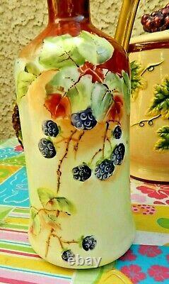 Antique Vienna Austria Hand Painted Handled Pitcher Vase 10 Blackberries Leaves