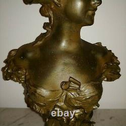 Antique tall Austrian Art Nouveau polychrome sculpture bust girl hat Nelson 1900
