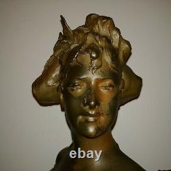 Antique tall Austrian Art Nouveau polychrome sculpture bust girl hat Nelson 1900