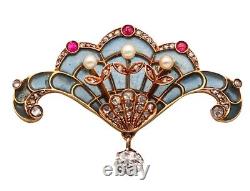 Art Nouveau 1890 Plique à Jour Pendant Brooch In 18Kt Gold Diamonds Pearls Ruby