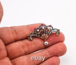 Art Nouveau 1890 Plique à Jour Pendant Brooch In 18Kt Gold Diamonds Pearls Ruby