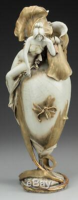 Art Nouveau Amphora Vase Bohemian Style Gold Gilt Painted Figural Flowers Lady