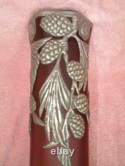 Art Nouveau Austrian Art Glass Pink Large Vase With Pewter Heavy Overlay Perfect
