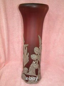 Art Nouveau Austrian Art Glass Pink Large Vase With Pewter Heavy Overlay Perfect