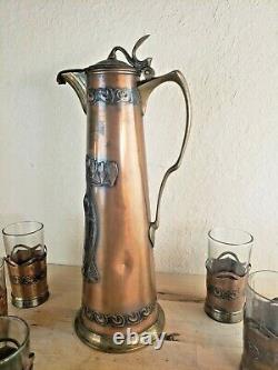 Art Nouveau Jungendstill Carl Deffner Copper & Brass pot and 5 cups