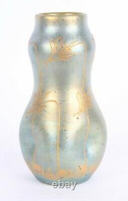 Art Nouveau Loetz Art Glass Vase Gilt Gold Floral Decorated Austrian Wien Turn