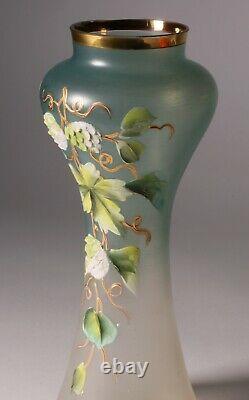 Art Nouveau Satin Glass Vase Enameled Flower Painting European Austrian