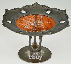 Art Nouveau tray with etched and enameled glass inlay Orivit 1904