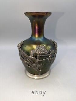 Attr Loetz Iridescent Art Glass Vase Riceszinn Pewter Austrian 1890s Bohemian
