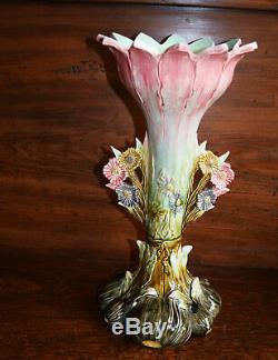 Austrian ANTIQUE Majolica Figural Floral Planter Jardiniere Vase large 17 tall