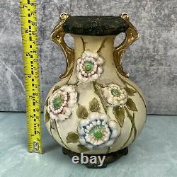 Austrian Amphora Art Nouveau Floral Double Handle Vase Pottery Antique