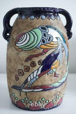 Austrian Amphora Art Pottery Large Vase Stylised Exotic Birds c. 1900