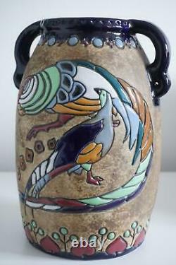 Austrian Amphora Art Pottery Large Vase Stylised Exotic Birds c. 1900