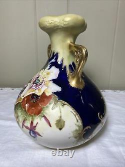 Austrian Amphora Double Handled Flower Vase Hand Painted Art Nouveau Gold Blue