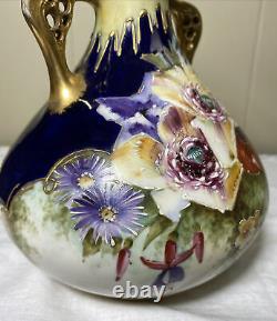 Austrian Amphora Double Handled Flower Vase Hand Painted Art Nouveau Gold Blue