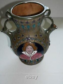 Austrian Amphora glazed pottery vase young woman and swan motif