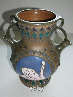 Austrian Amphora glazed pottery vase young woman and swan motif