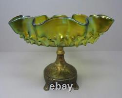 Austrian Art Nouveau Loetz Style Iridescent Green Pedestal Bowl, WMF Metal Base