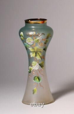 Austrian Art Nouveau Satin Glass Vase Enameled Flower Painting 1910