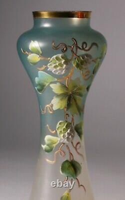 Austrian Art Nouveau Satin Glass Vase Enameled Flower Painting 1910
