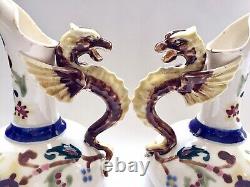 Austrian Bohemian Art Nouveau 19th century Dragon Handles Porcelain Ewers Pair