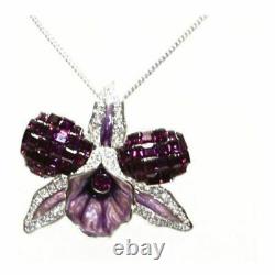 Austrian Crystal Royal Purple Enamel Flower Orchid Pin Brooch Pendant Necklace