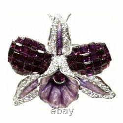 Austrian Crystal Royal Purple Enamel Flower Orchid Pin Brooch Pendant Necklace
