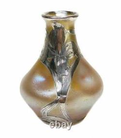 Austrian Gold Iridescent Art Glass & Silver Overlay Vase- Pinched Sides, 20th C