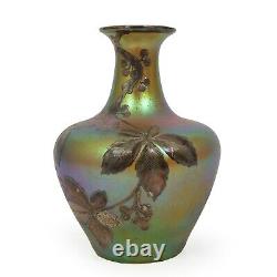 Austrian Iridescent Gold, Blue & Green Glass Vase with Silver Overlay