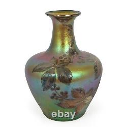 Austrian Iridescent Gold, Blue and Green Glass Vase with Silver Overlay, c. 1900