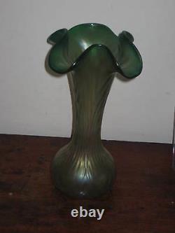 Austrian Large Ribbed Iridescent Green Vase Art Nouveau