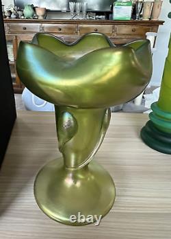 Austrian Loetz Green Iridescent Ruffled Glass Vase or Compote Dish from 1900's