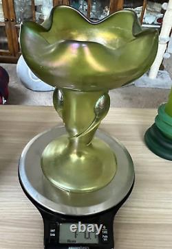 Austrian Loetz Green Iridescent Ruffled Glass Vase or Compote Dish from 1900's