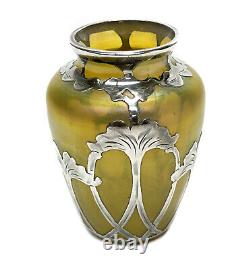 Austrian Yellow Iridescent Art Glass La Pierre Sterling Silver Overlay Vase