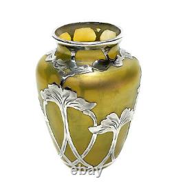 Austrian Yellow Iridescent Art Glass La Pierre Sterling Silver Overlay Vase