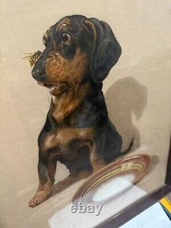 Austrian/german Oil Painting Of A Dog & A Bee By Artist Karl Wagner Framed