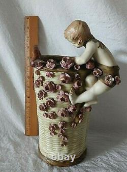 Beautiful Antique Amphora Austrian Vase Basket Young Boy with Flowers 1935