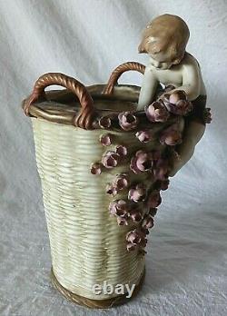 Beautiful Antique Amphora Austrian Vase Basket Young Boy with Flowers 1935