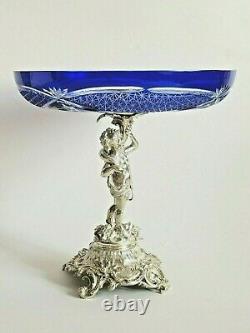 Beautiful Antique Austrian Silver Blue Cut Glass Tazza Centerpiece
