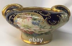 Beautiful Porcelain Fowers Cobalt Blue Art Nouveau Style Vase Bowl Gold Gilt