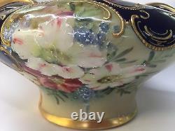Beautiful Porcelain Fowers Cobalt Blue Art Nouveau Style Vase Bowl Gold Gilt
