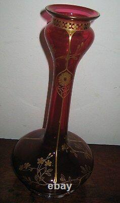 Bohemian Tall Cranberry Glass Vase With Gilt Jugendstil Art Nouveau