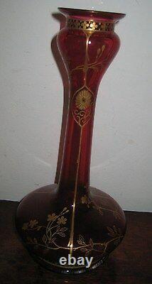 Bohemian Tall Cranberry Glass Vase With Gilt Jugendstil Art Nouveau