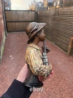 Bronze Antique Friedrich Austrian Boy Banjo Player Deco Art Nouveau