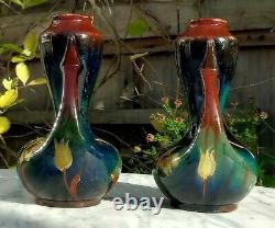 C. 1900 Art Nouveau Old Moravian Austrian Antique Pottery Ceramic Amphora Vases